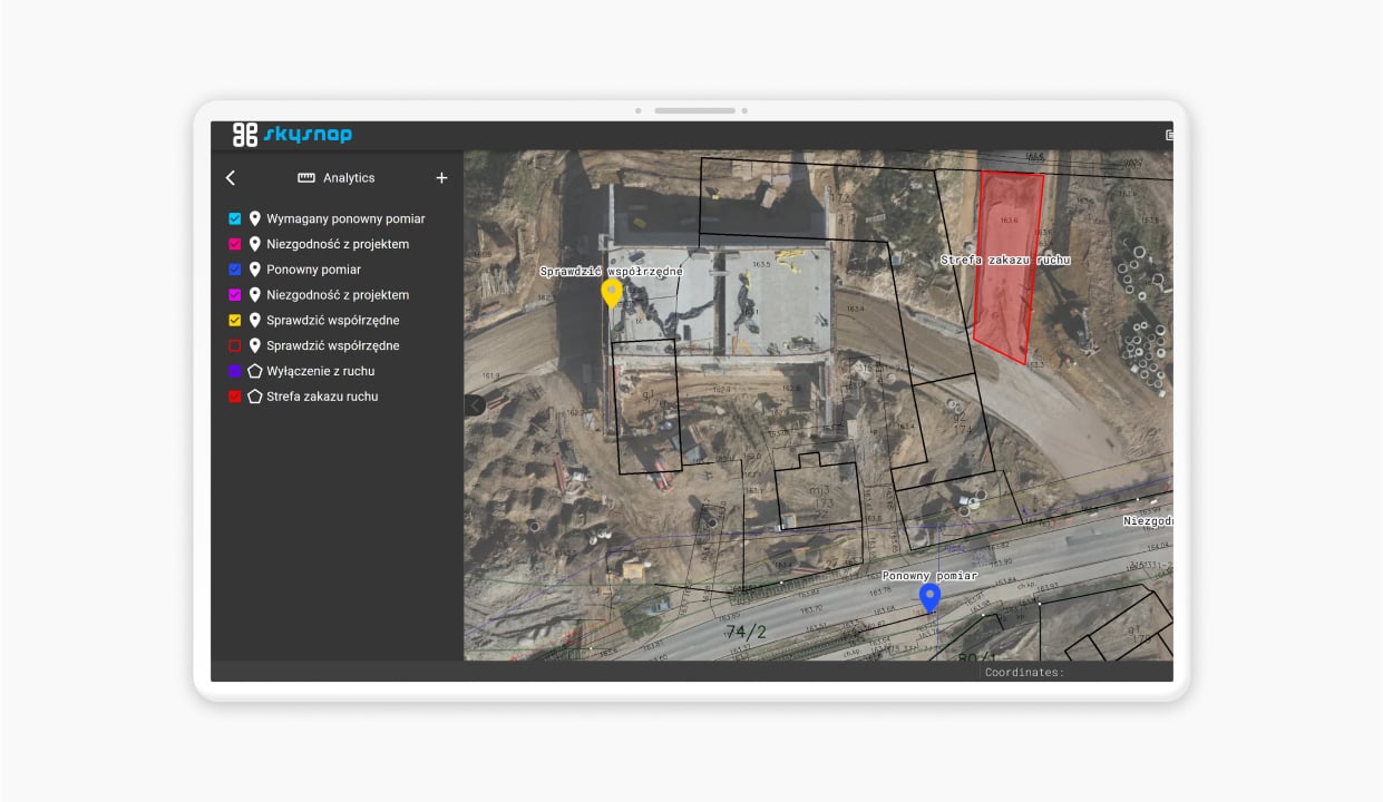 SkySnap – construction progress analysis on map with drone measurement markings