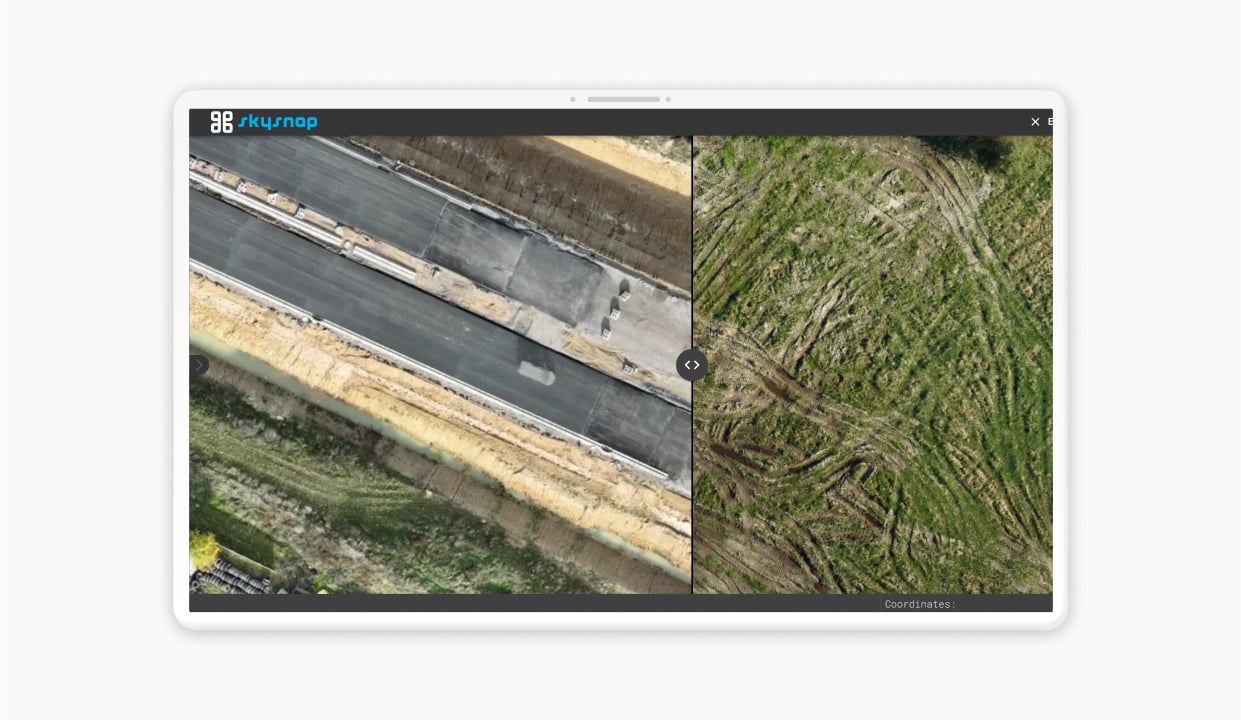 SkySnap – comparison of aerial photos of road construction site before and after work