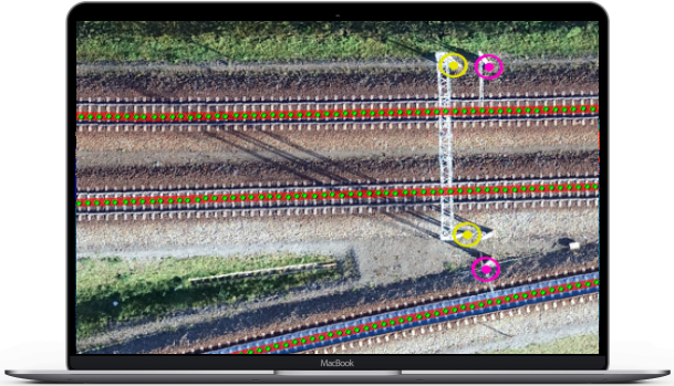 Drone view of railway tracks with distance measurement between elements on the SkySnap platform