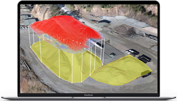 3D model of aggregate stockpiles with volume marked in colors on the SkySnap platform