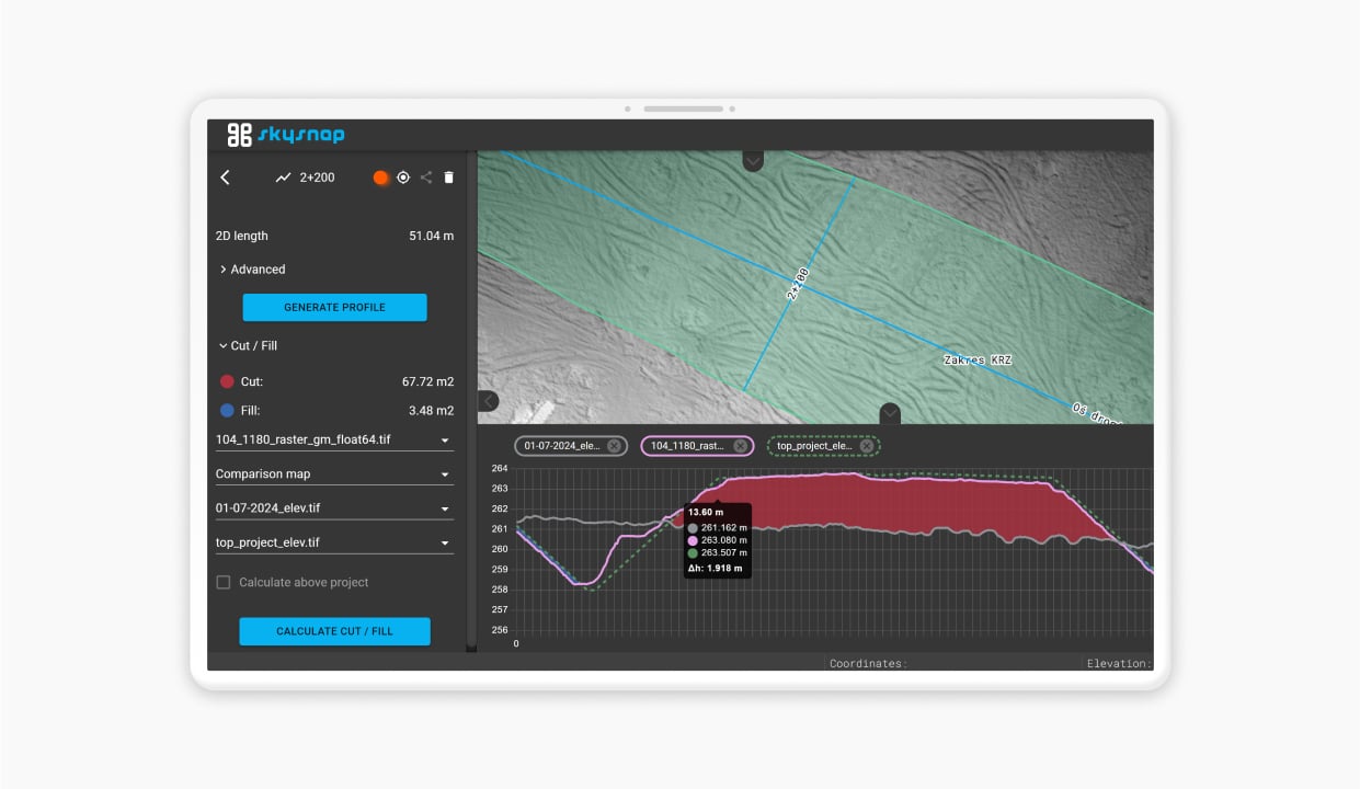 SkySnap interface view with 2D measurement and topographic map calculations