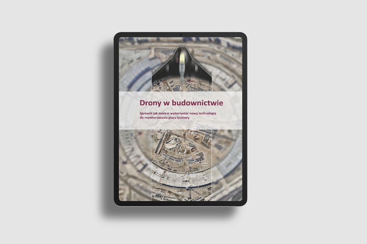 The cover of the Drones in Construction report displayed on a tablet, with a drone view of the construction site and a description of the use of the new technology to monitor the progress of the work