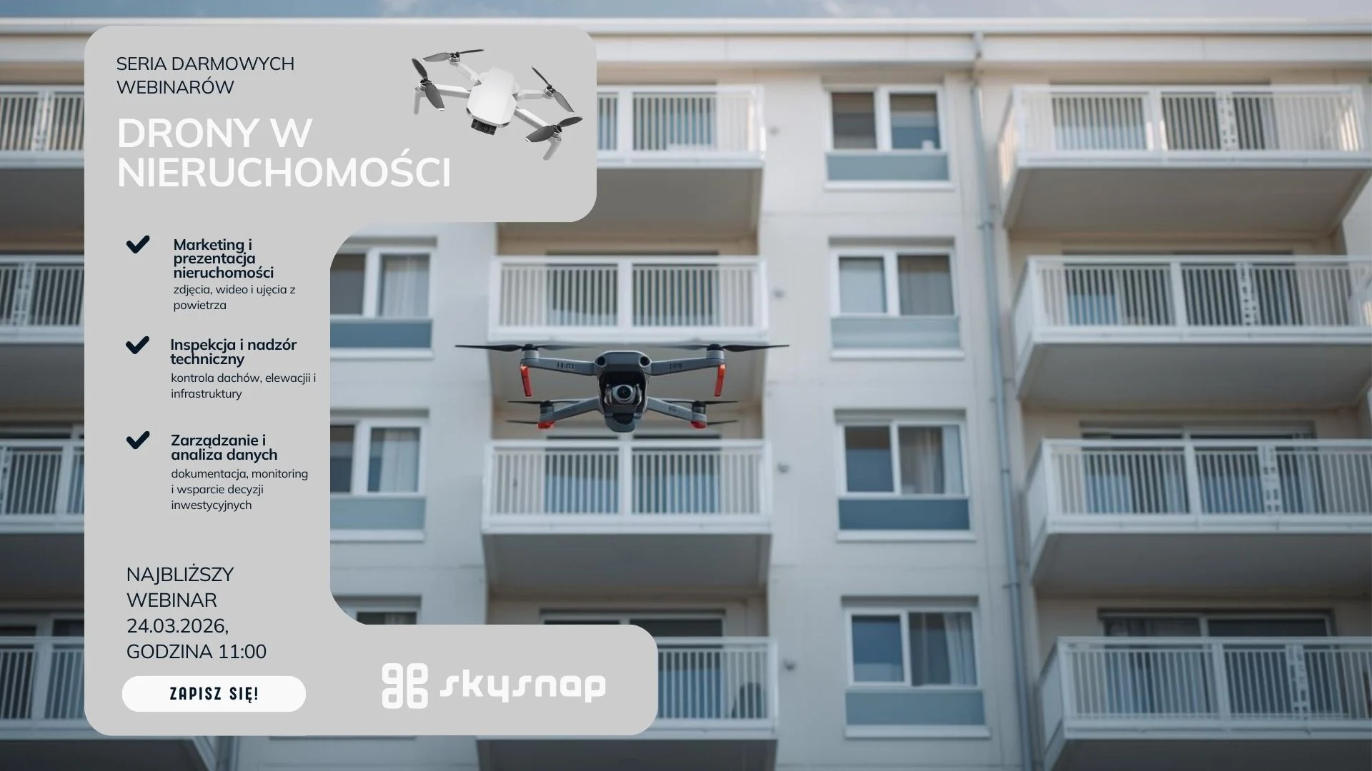 Learn how drones support property managers and housing communities in inspections and documentation. Webinar 24.04 at 11:00 a.m. Check out practical implementations. 